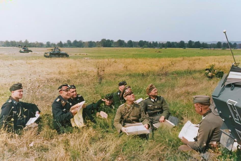 General Rommel and his staff discussing the situation on the battlefield. Auftragstaktik and Truppenfuhrung